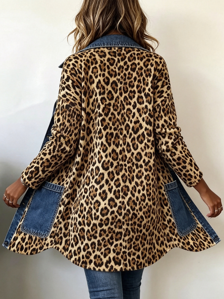 Nora | Leopardenmuster Denim Panel Kontrast Langjacke
