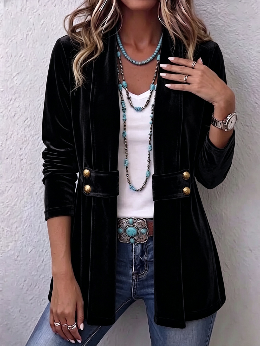 Avery | Vintage Reversknopf-Akzent Langarm Offene Front Jacke