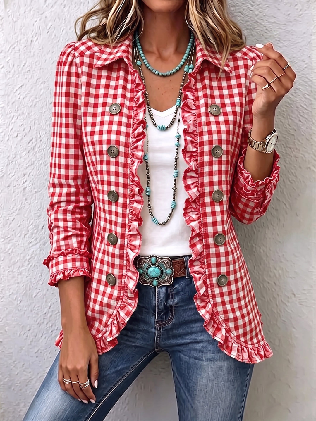 Evelyn | Gingham Rüschenshirt-Jacke