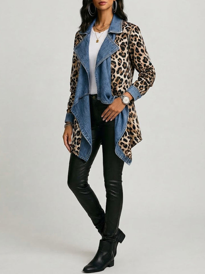 Victoria | Leopardenmuster & gewaschenes Denim-Paneel-Mid-Length-Jacke