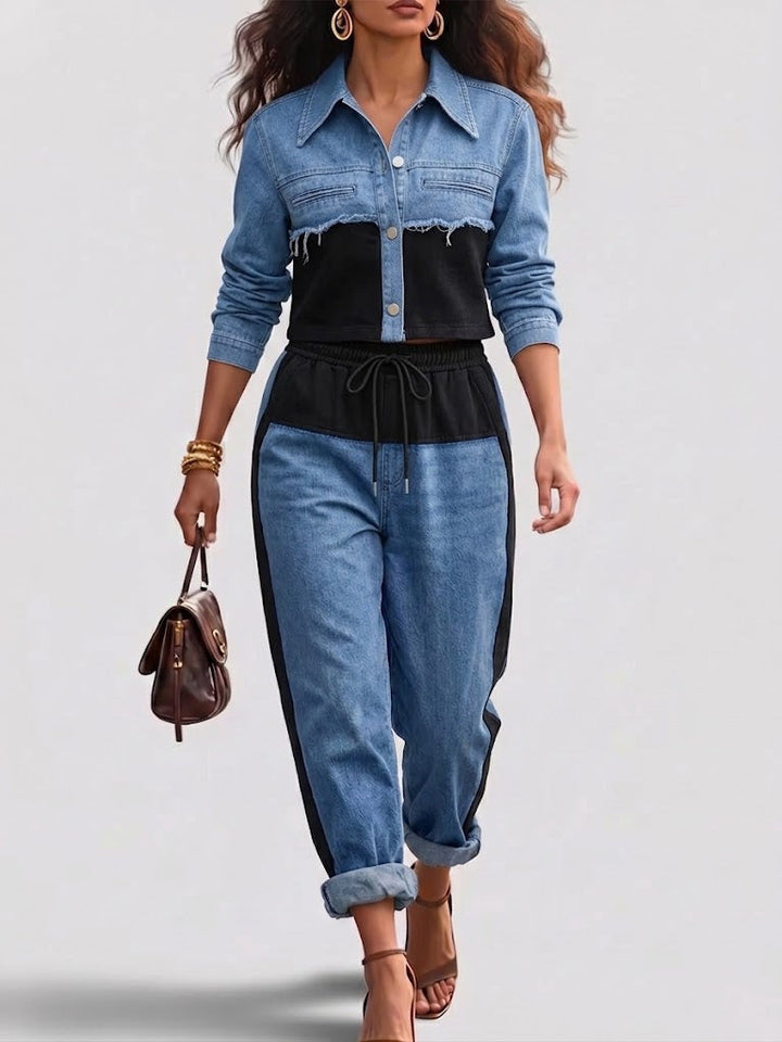Natalie | Color-Block Cropped Jacke & Weite-Hosen Set