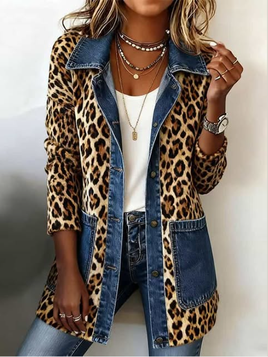 Nora | Leopardenmuster Denim Panel Kontrast Langjacke