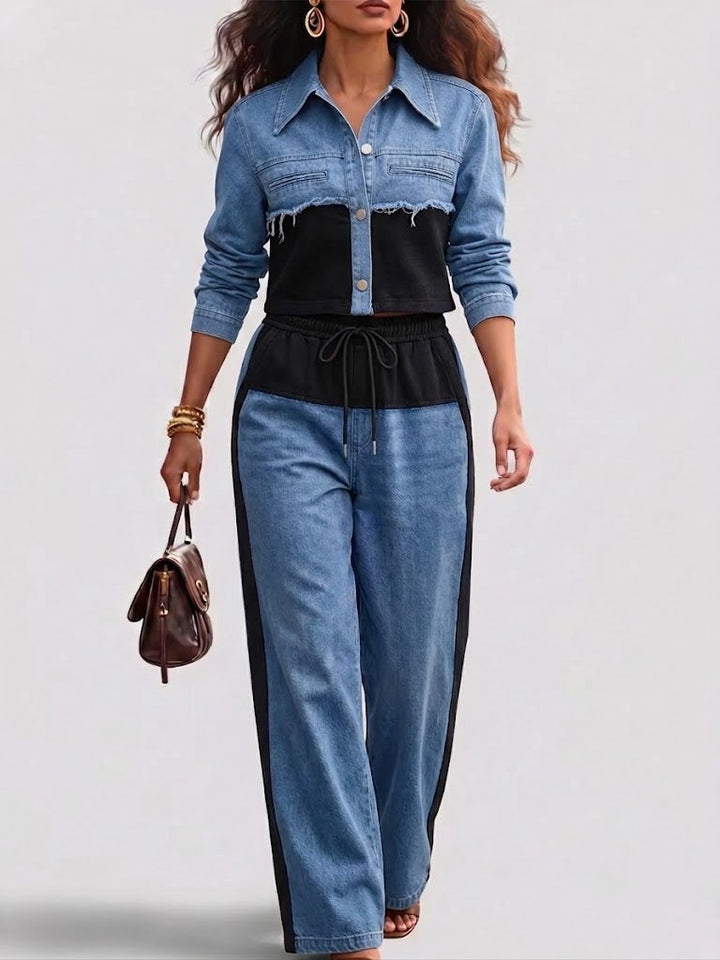 Natalie | Color-Block Cropped Jacke & Weite-Hosen Set