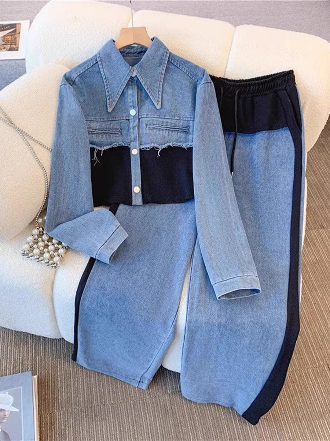 Natalie | Color-Block Cropped Jacke & Weite-Hosen Set
